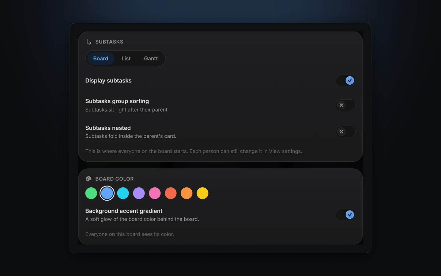 Board Settings, Appearance: subtask defaults, board color and accent gradient