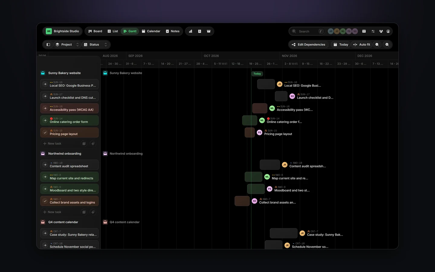 Gantt view with several client projects on one timeline