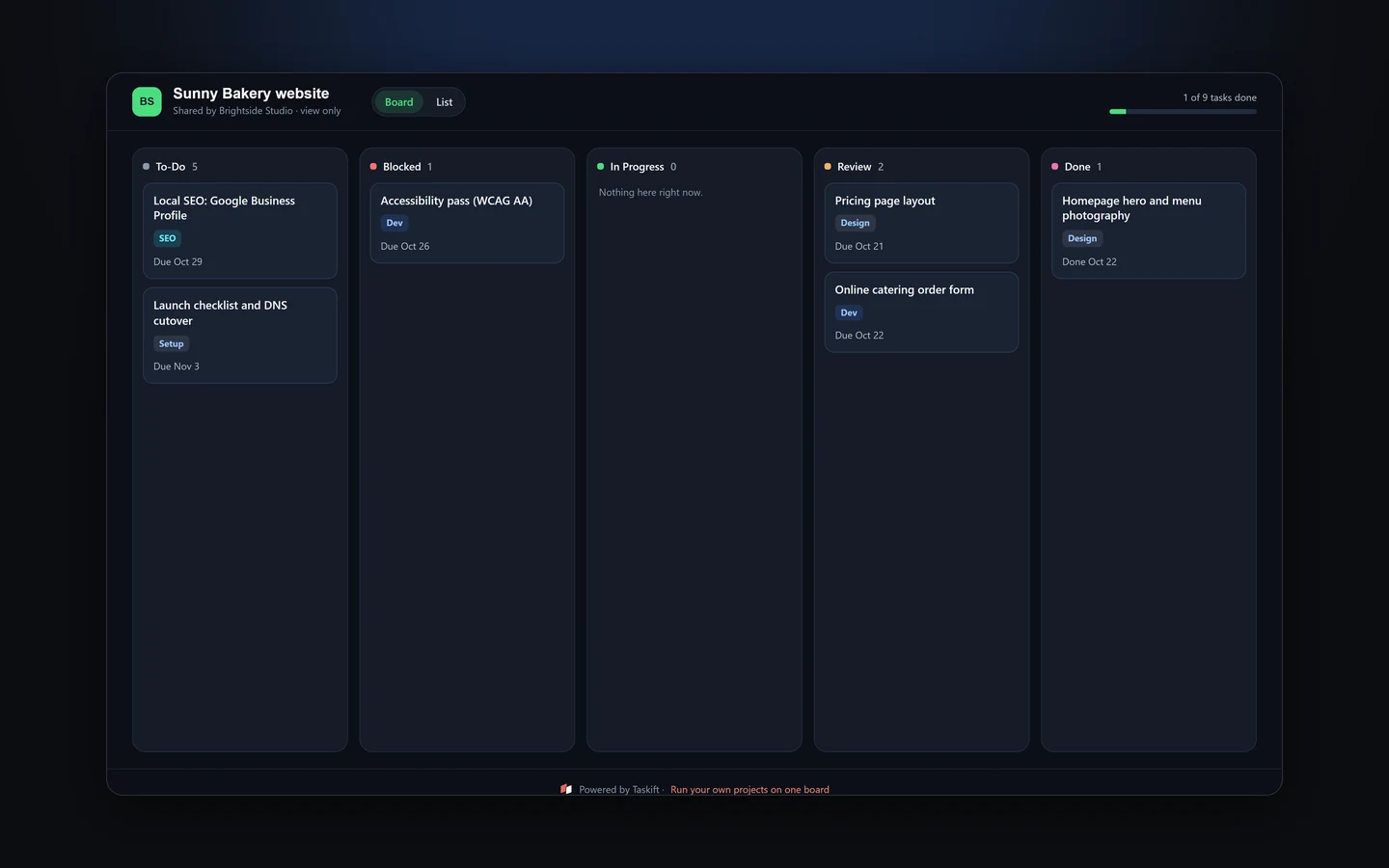 A project share link as an outsider sees it, in Board view