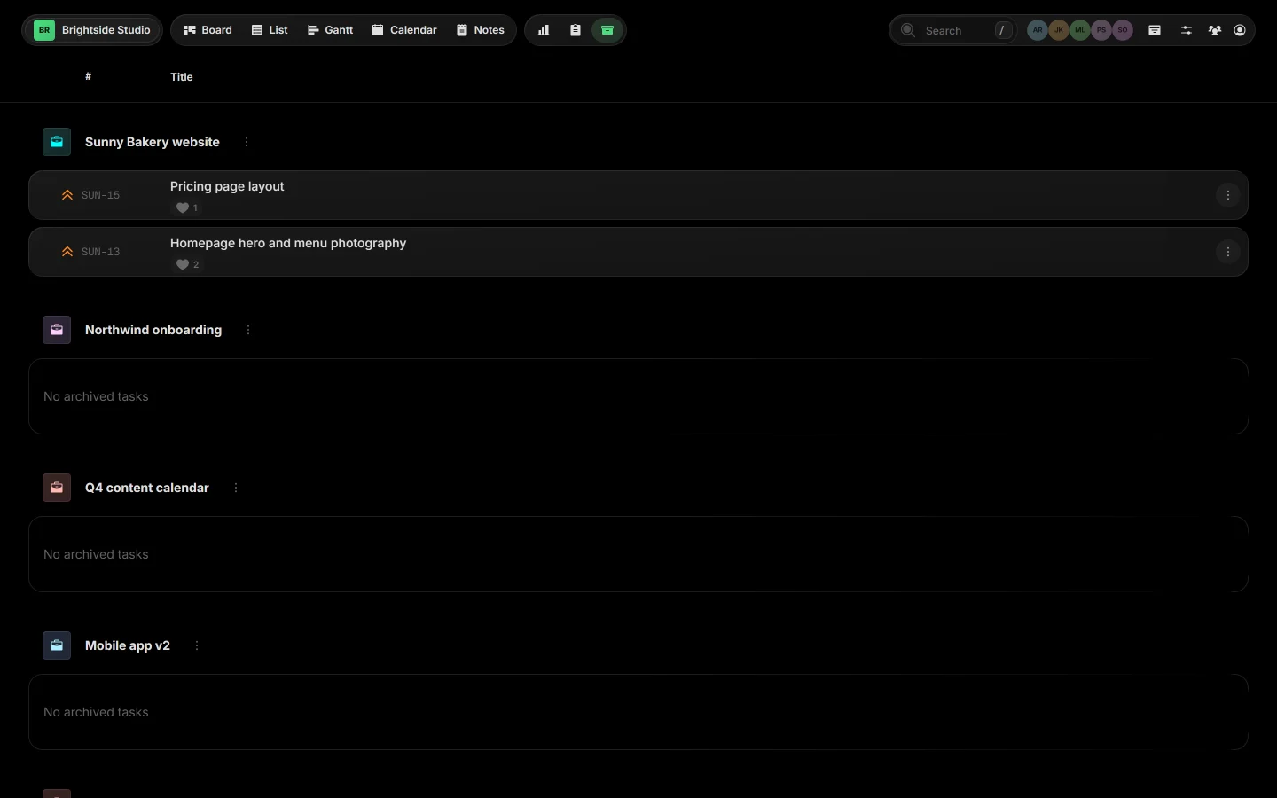 The Archive view with archived tasks under their project