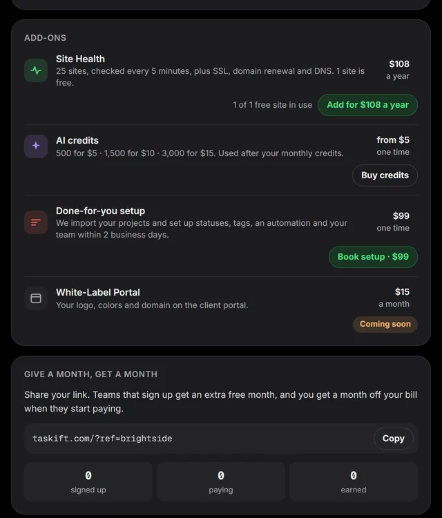 Billing, Add-ons card with Site Health, AI credits, setup and White-Label
