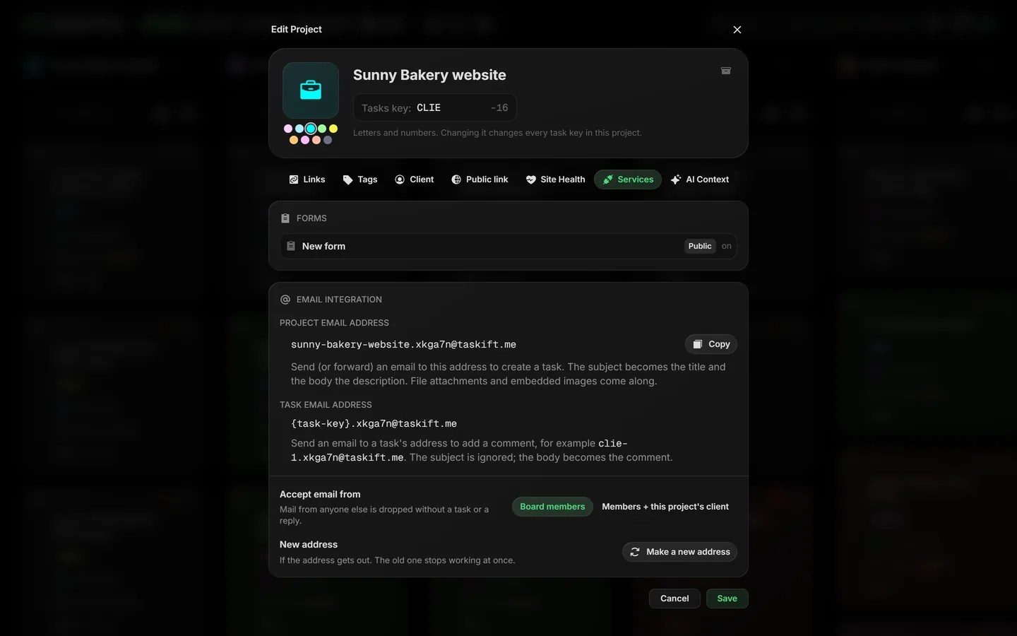 Edit Project, Services tab, with the project's email address