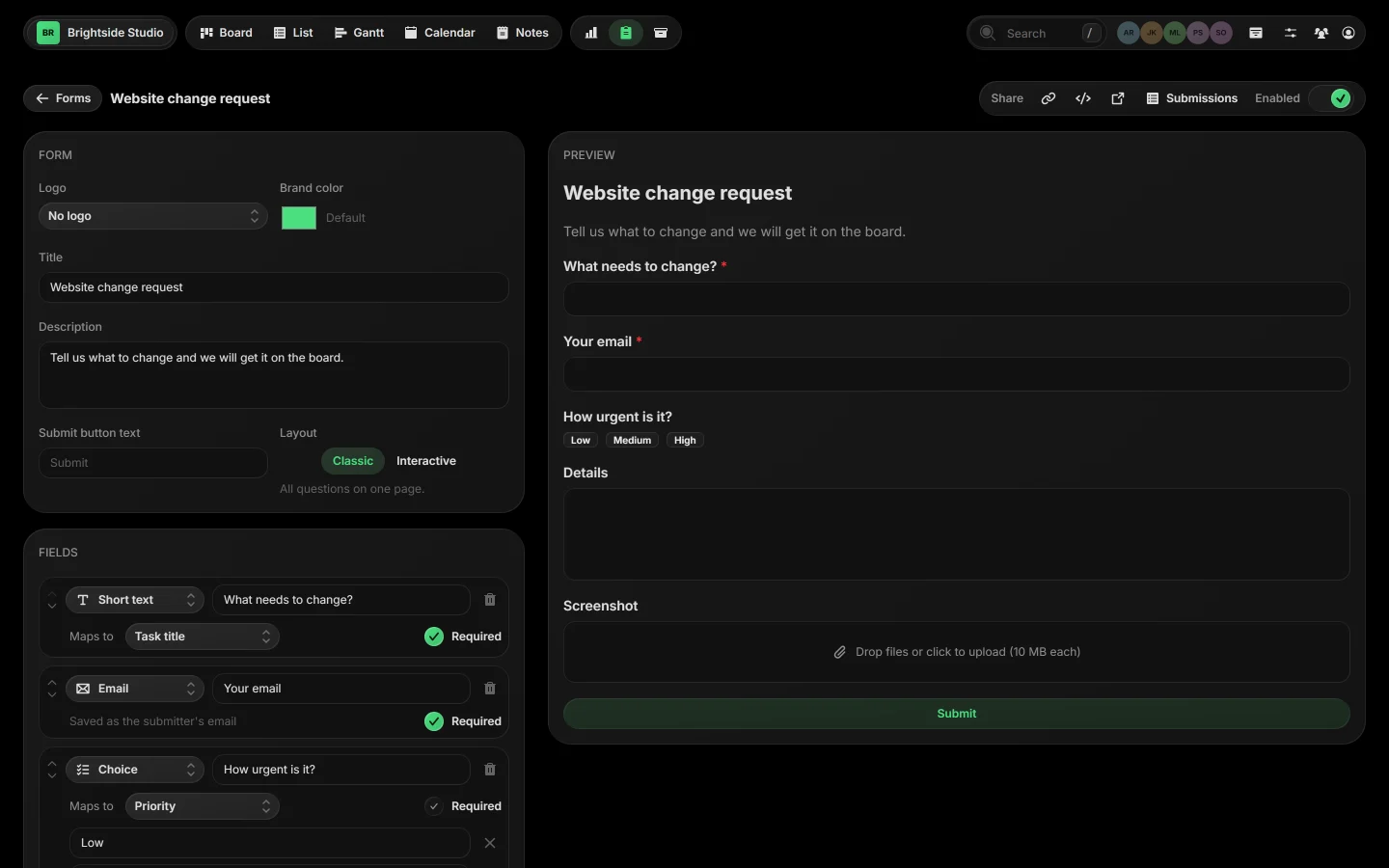 The form editor with its settings on the left and a live preview on the right