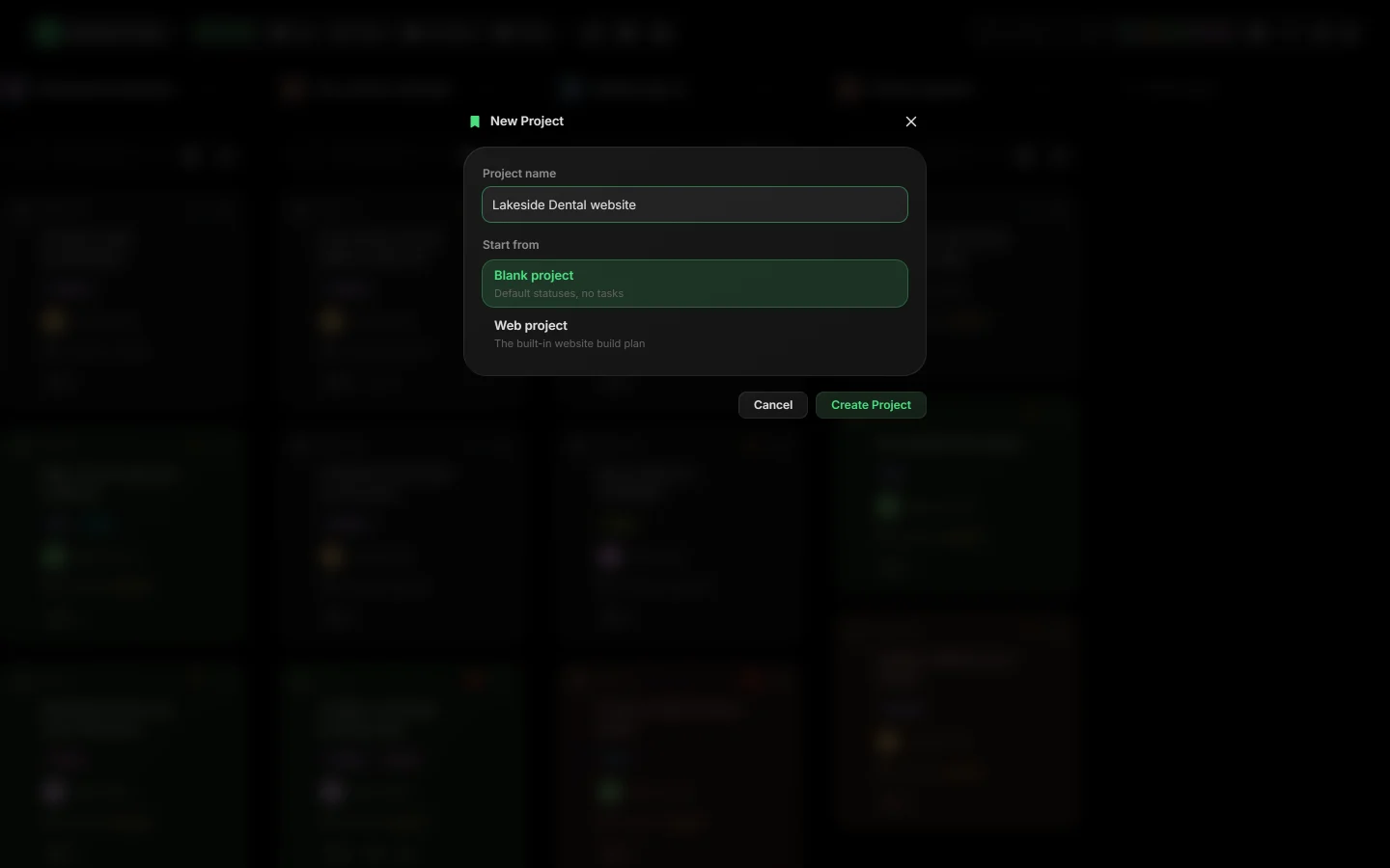 The New Project dialog over the board
