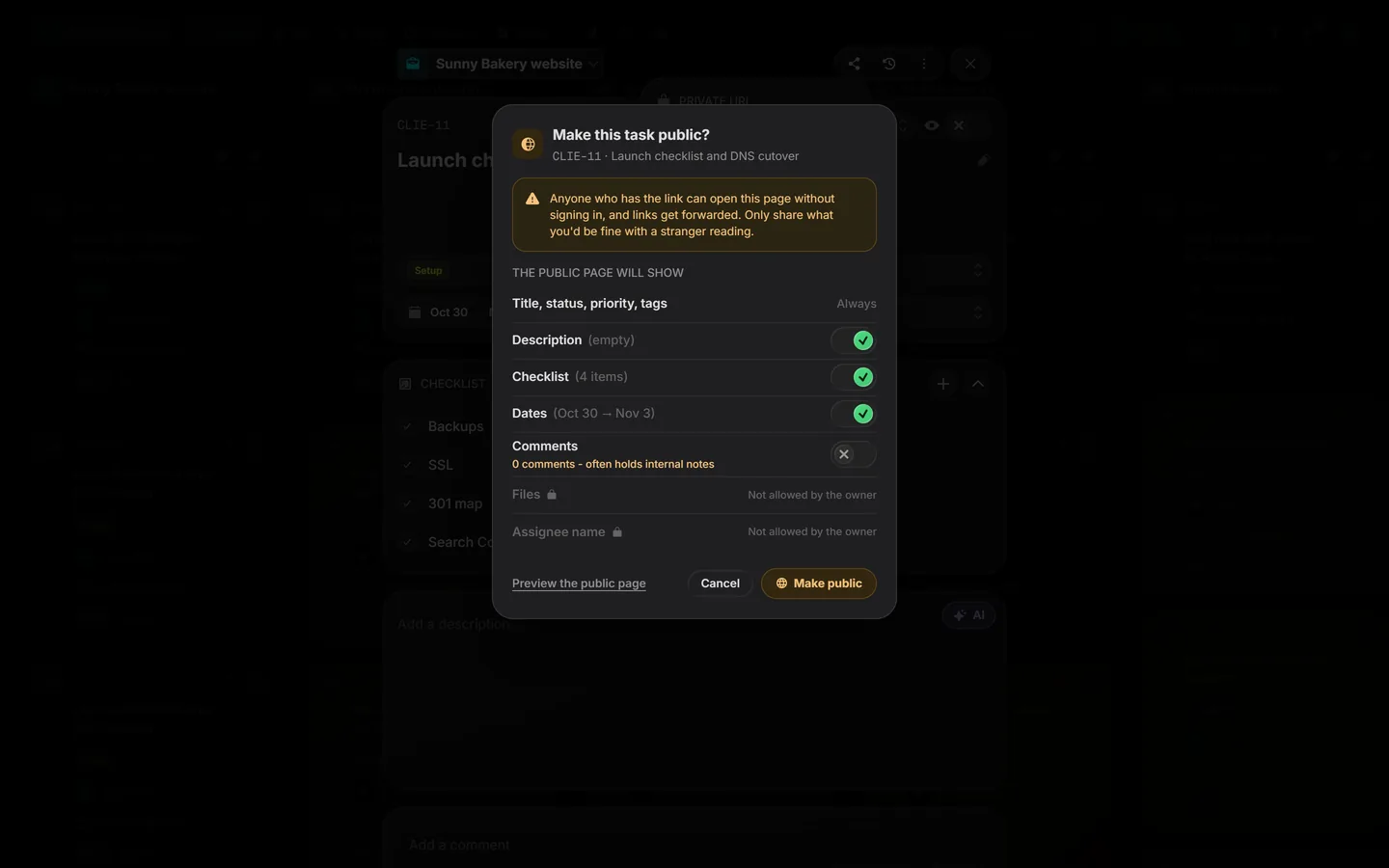 The Make this task public confirm step