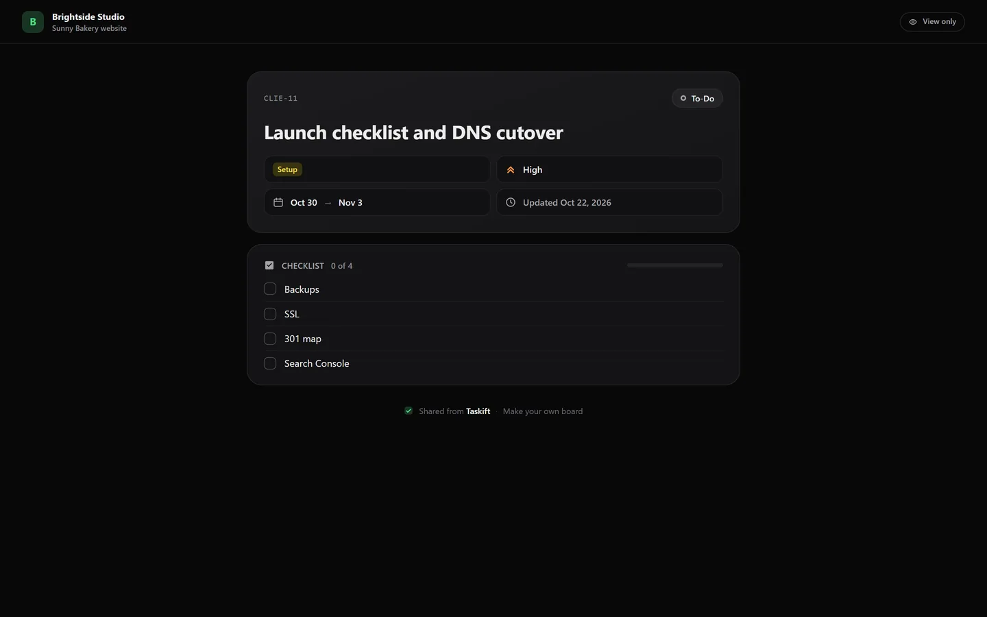 A public task page with title, dates and checklist