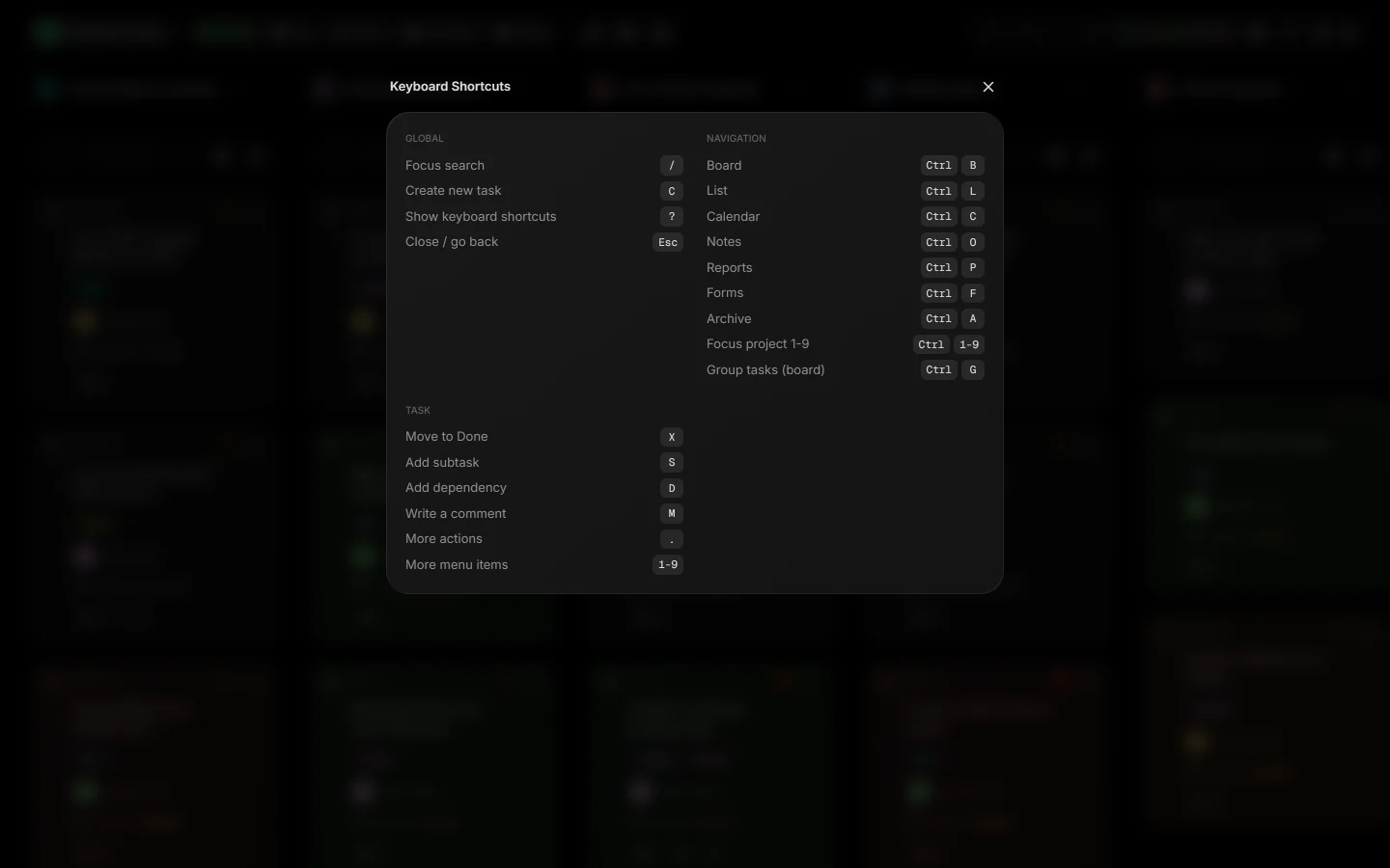 The keyboard shortcuts panel