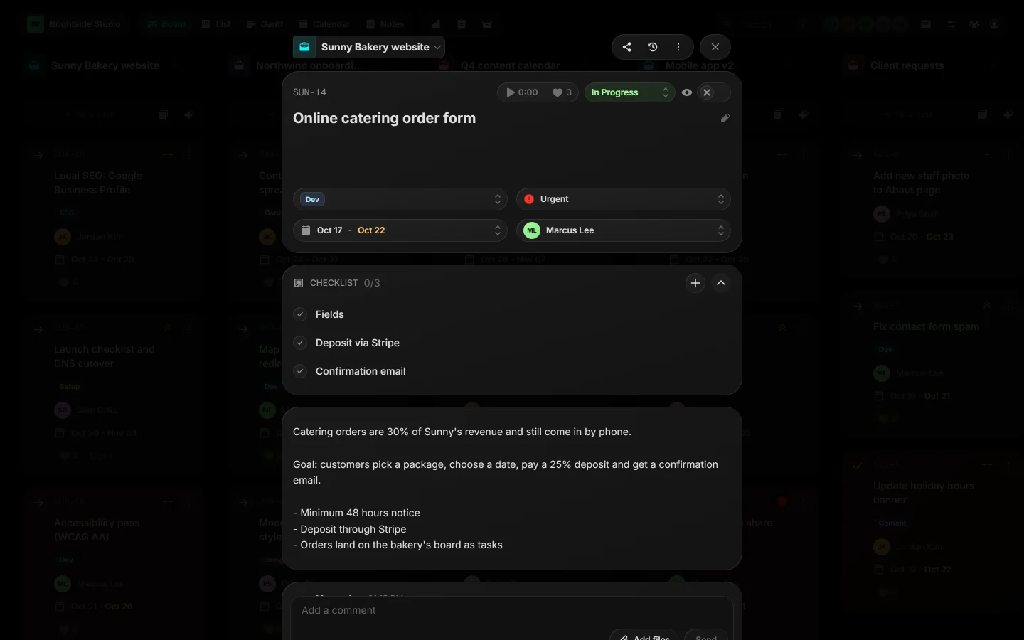 An open task with its status, properties, checklist and description