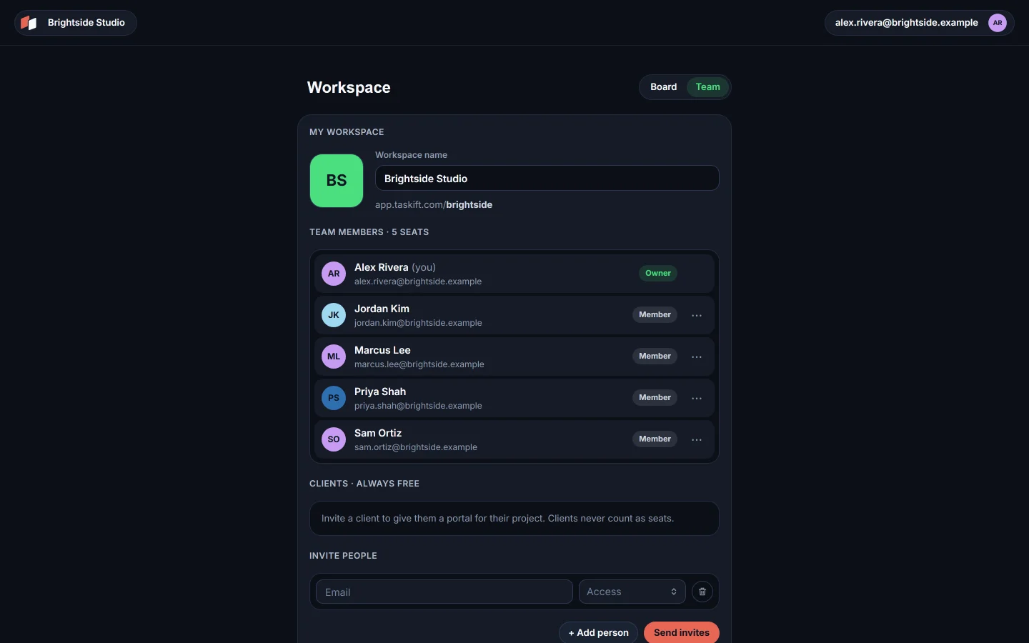 The Team page with five members
